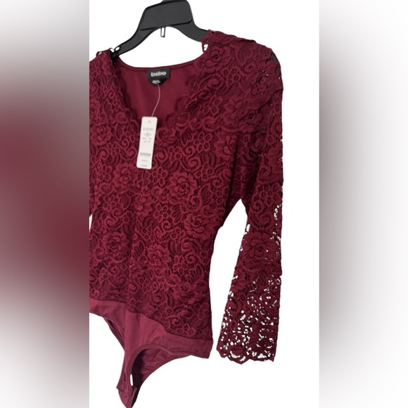 Bebe Laced V-Neck Body Suit-Plum - Picture 4 of 6